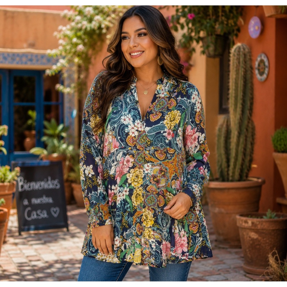 Boho Floral Paisley V-Neck Tunic Top Navy Blue Yellow Long Sleeve Flowy Blouse